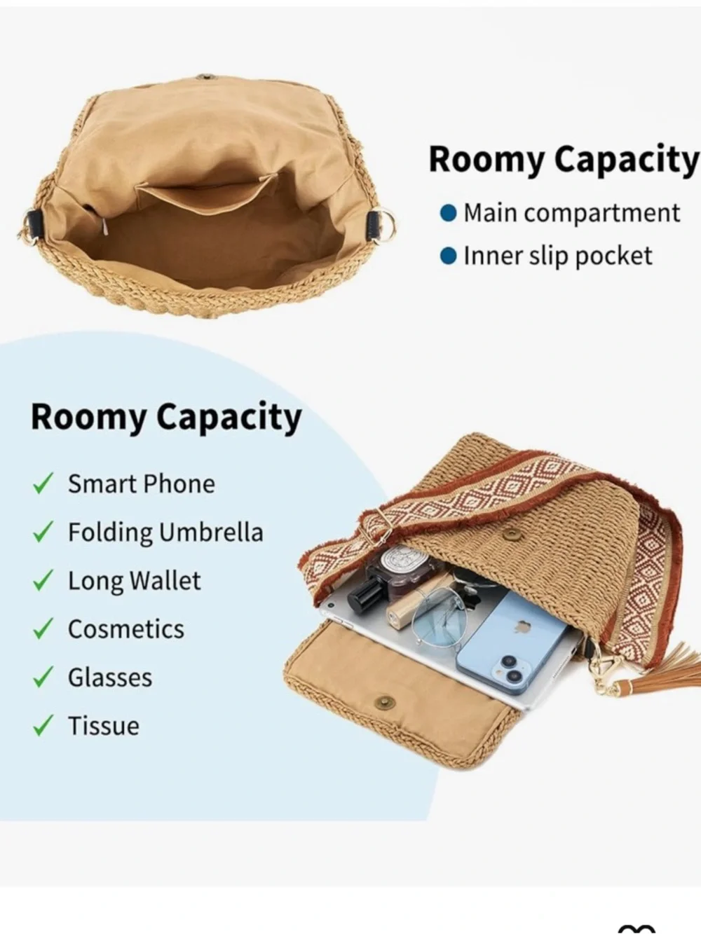 Women's Straw Braided Crossbody Bag in Natural with Patterned Strap - Picture 7 of 7